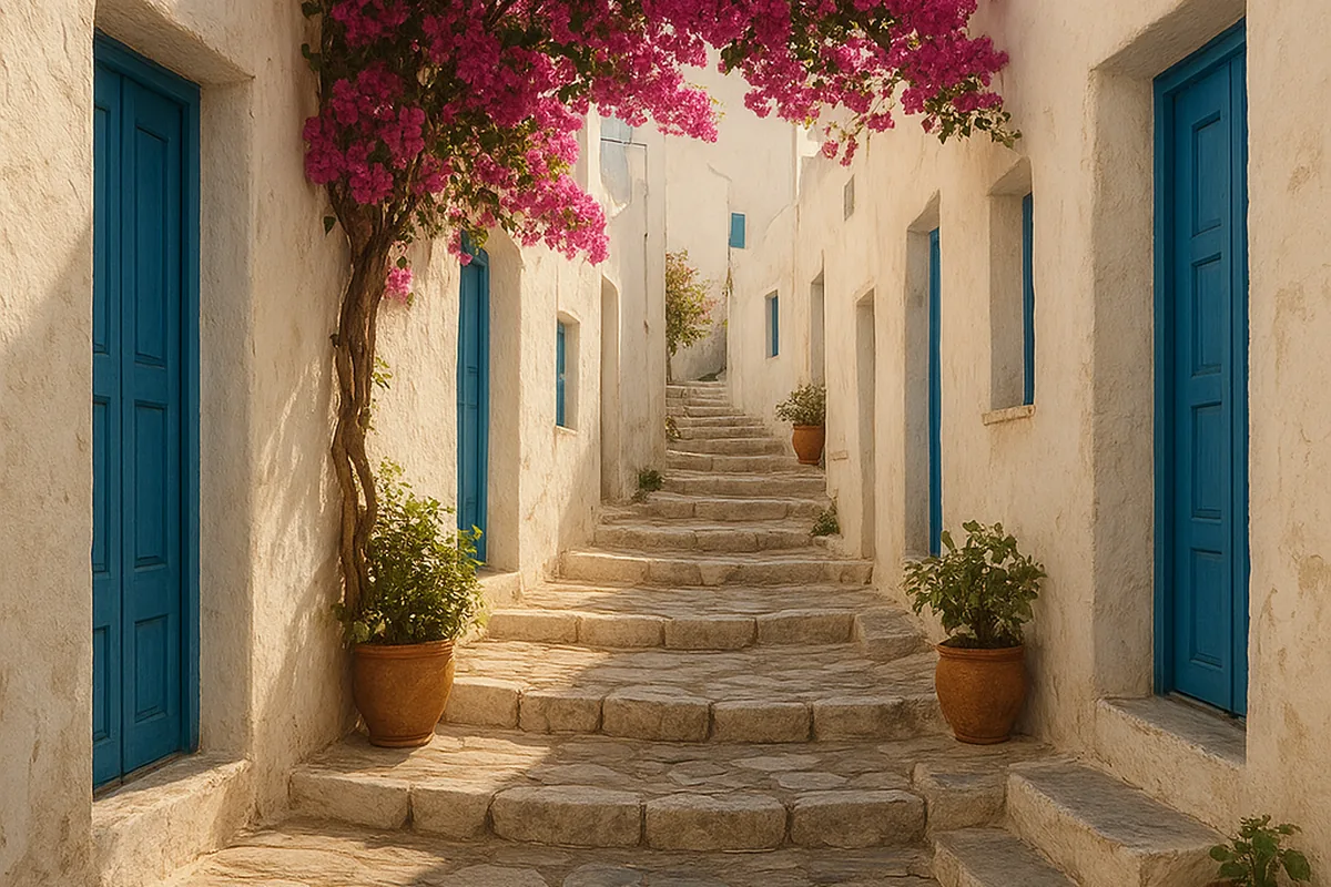 Λευκό χωριό με στενά σοκάκια στις Κυκλάδες